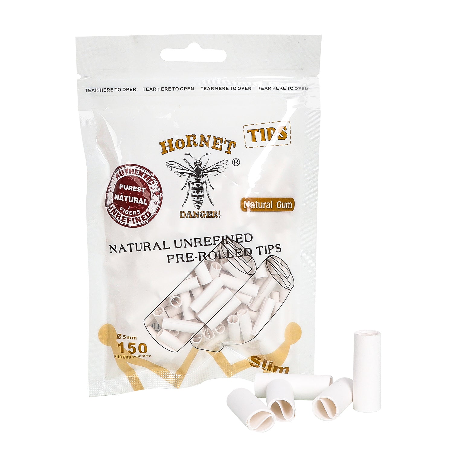 HORNET Ø 5 Pre Rolled Tips, White Organic Cigarette Rolling Tips, 150 Tips / Pack