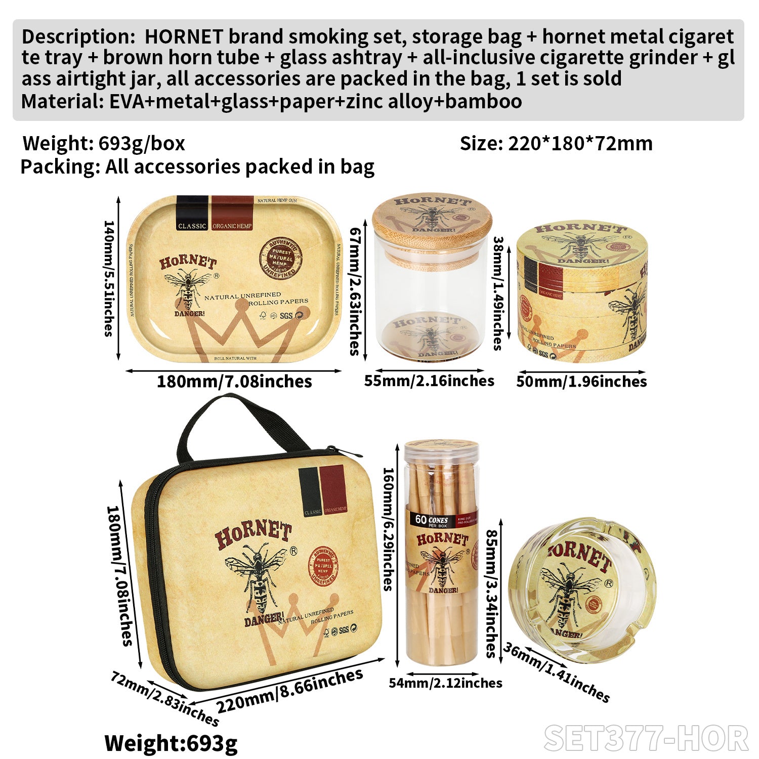 HORNET brand storage bag + metal cigarette tray + brown horn tube + glass ashtray + all-pack smoke grinder + glass sealed jar, all accessories into the bag