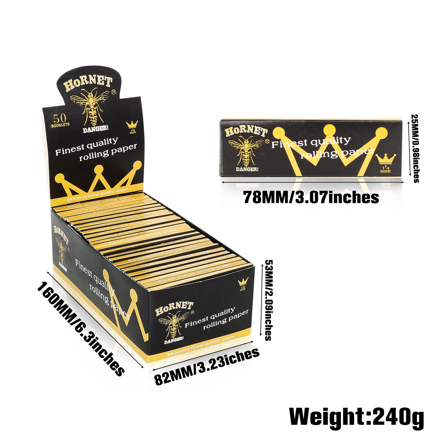 HORNET 1 1/4 Size Rolling Papers, Natural Slim Rolling Papers, White Organic Rolling Paper, 50 Leaves / Pack 50 Pack / Box