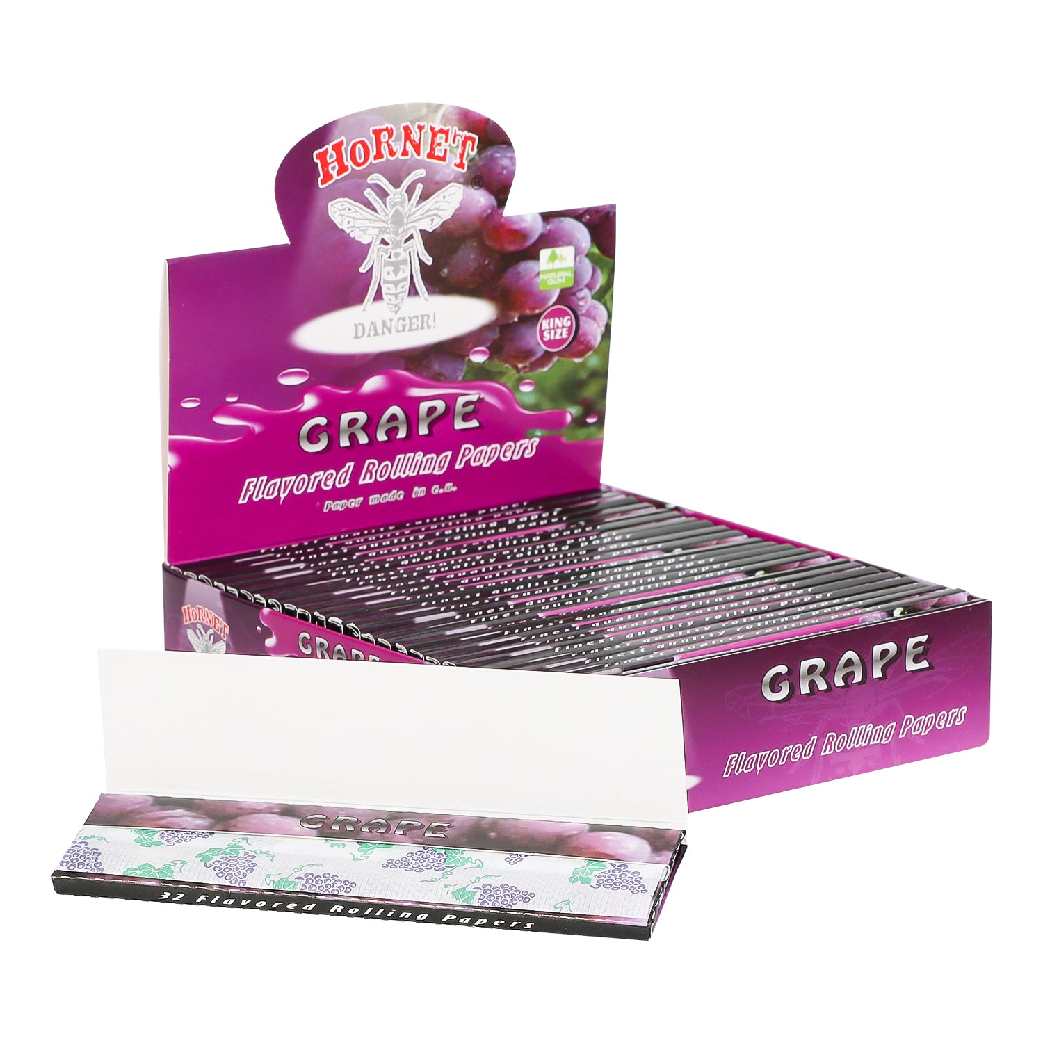 HORNET King Size Grape Flavors Rolling Papers, Slim Natural Organic Rolling Paper, 32 Pieces / Pack 25 Packs / Box