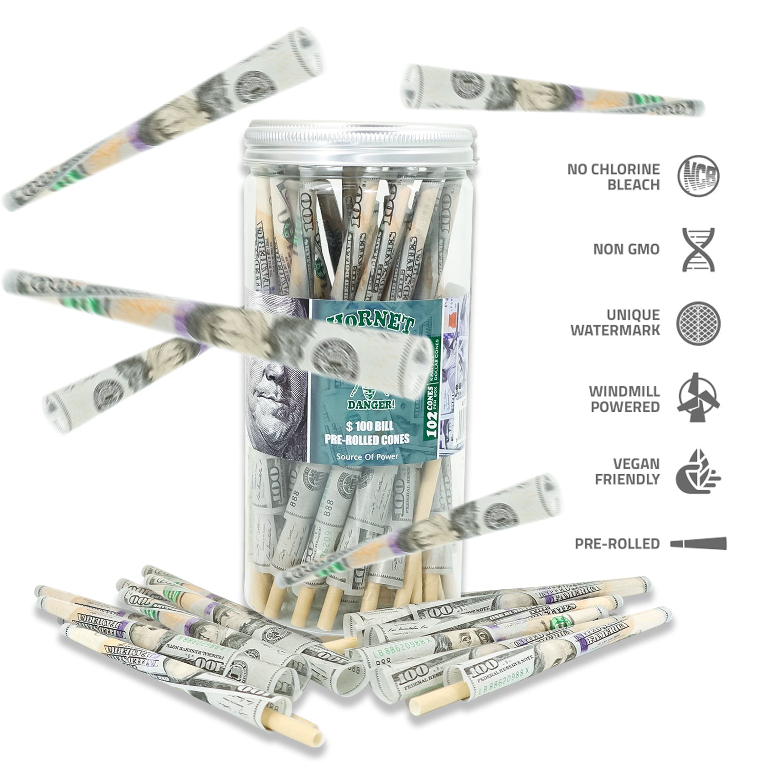 HORNET Dollar Design Pre Rolled Cones, King Size Pre Rolled Rolling Paper With Tips, Slow Burning Rolling Cones, 102 PCS