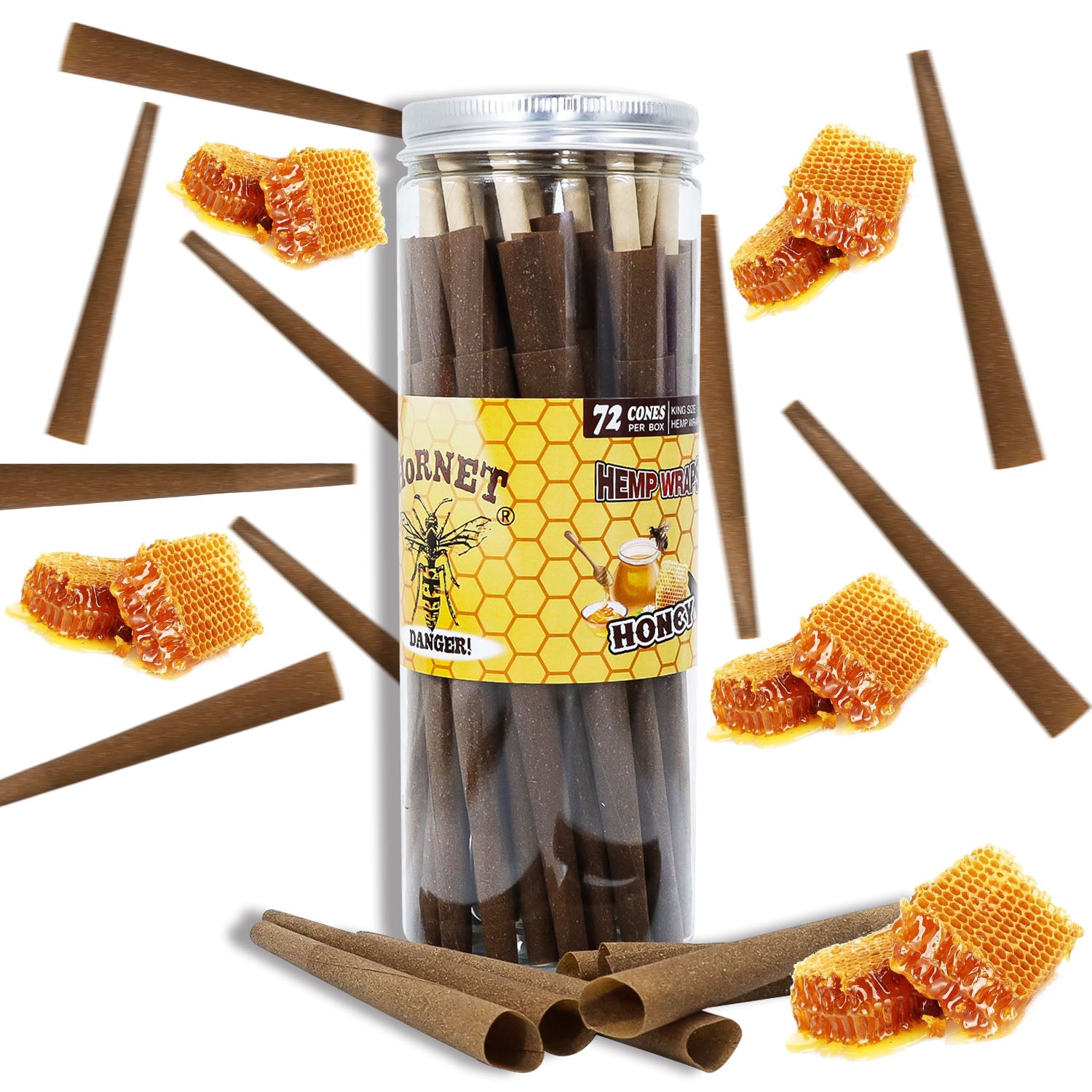 HORNET Honey Flavored Pre Rolled Cones, King Size Brown Pre Rolled Rolling Paper with tips, Slow Burning Rolling Cones & load, 72 PCS / Jar
