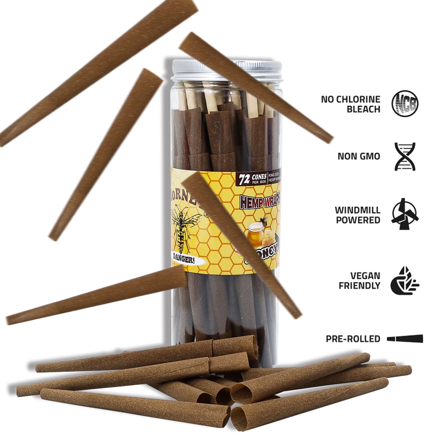 HORNET Honey Flavored Pre Rolled Cones, King Size Brown Pre Rolled Rolling Paper with tips, Slow Burning Rolling Cones & load, 72 PCS / Jar