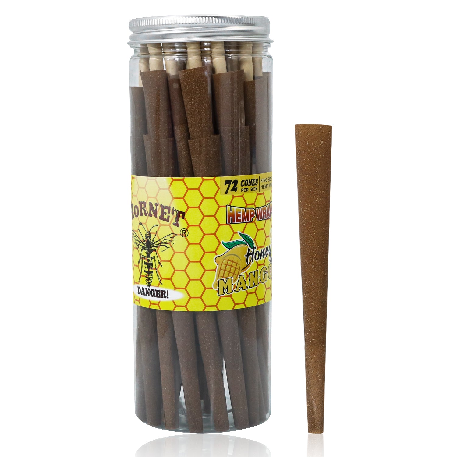 HORNET Mango Flavored Brown Pre Rolled Cones, King Size Pre Rolled Rolling Paper with tips, Slow Burning Rolling Cones & load, 72 PCS / Jar