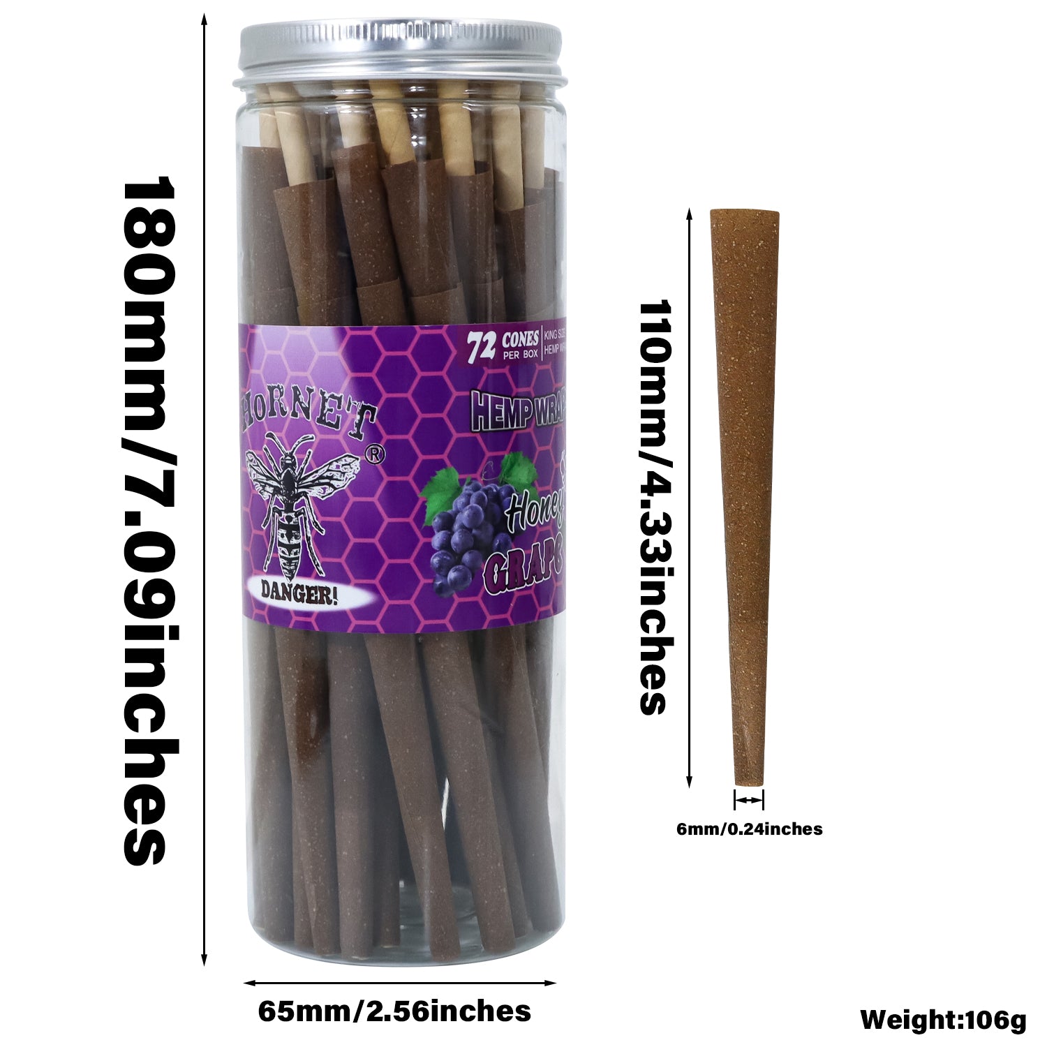 HORNET Grape Flavored Pre Rolled Cones, King Size Brown Pre Rolled Rolling Paper with tips, Slow Burning Rolling Cones & load, 72 PCS / Jar
