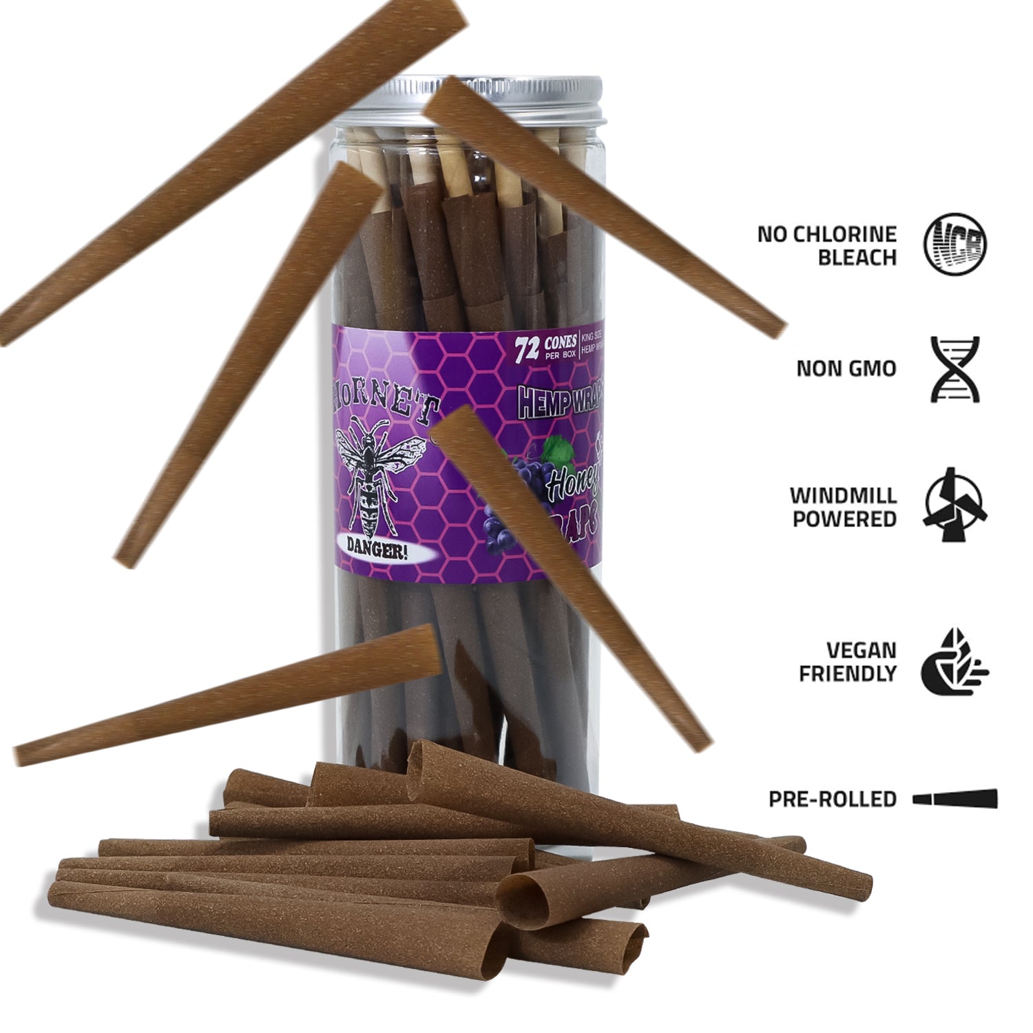 HORNET Grape Flavored Pre Rolled Cones, King Size Brown Pre Rolled Rolling Paper with tips, Slow Burning Rolling Cones & load, 72 PCS / Jar