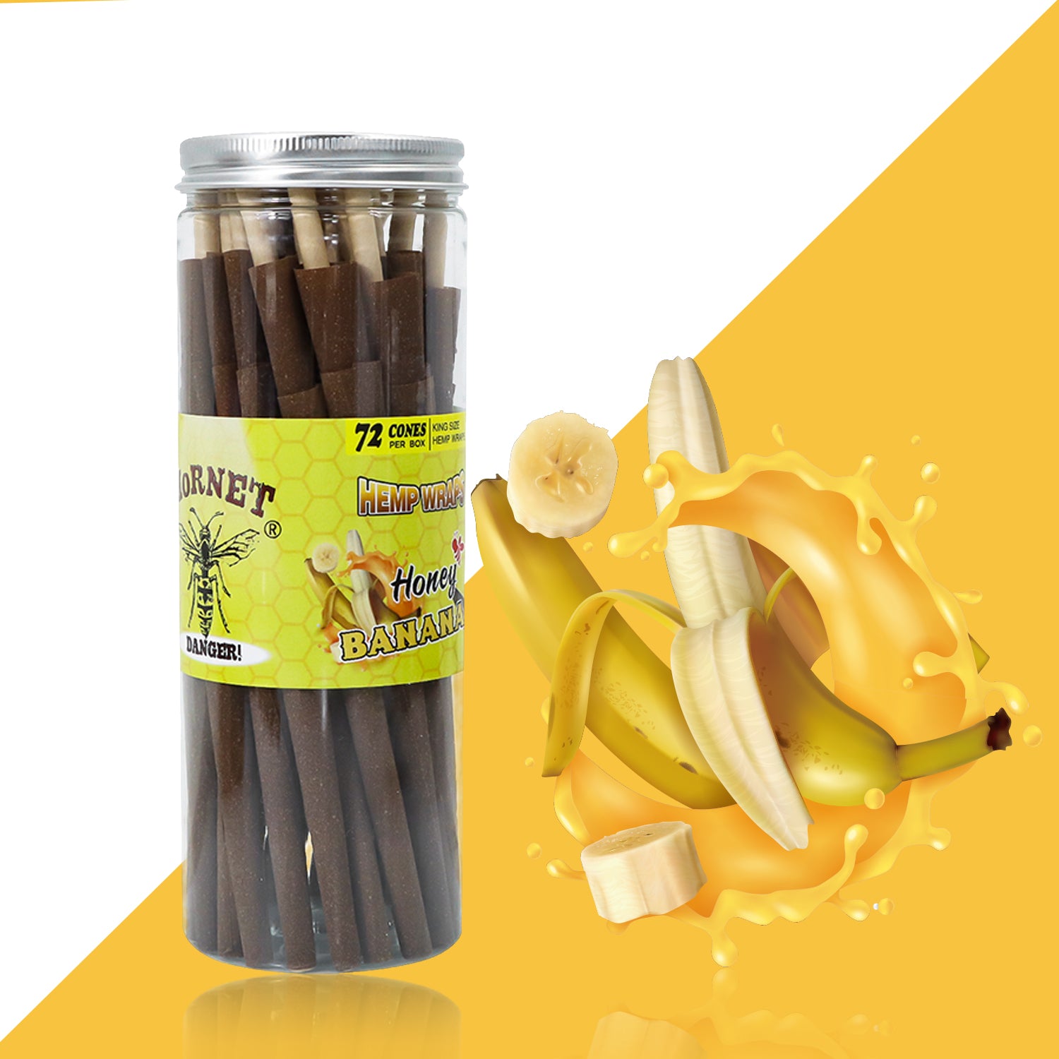 HORNET Banana Flavored Brown Pre Rolled Cones, King Size Pre Rolled Rolling Paper with tips, Slow Burning Rolling Cones & load, 72 PCS / Jar