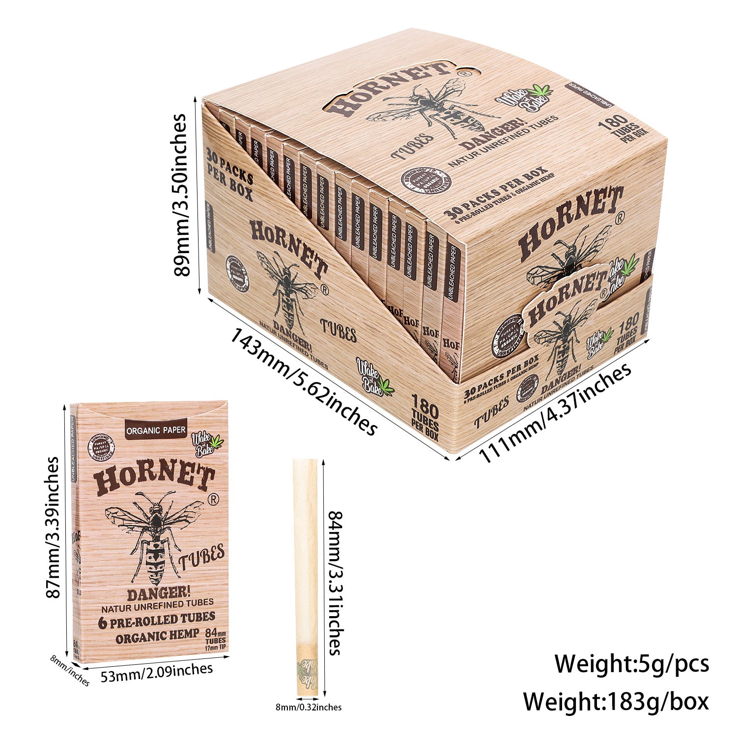 HORNET 84 mm Brown Pre Rolled Cones, Natural Rolling Cones, Slow Burning Pre Rolled Rolling Paper, 6 PCS / Pack 30 Packs / Box
