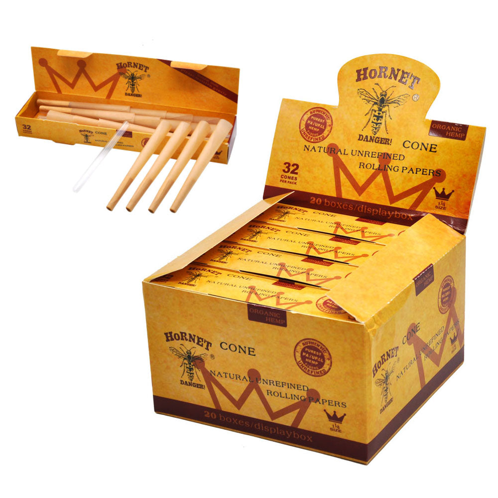 HORNET 1 1/4 Size Pre Rolled Cones, Natural Rolling Cones, Slow Burning Pre Rolled Rolling Paper, 32 PCS / Pack 20 Packs / Box