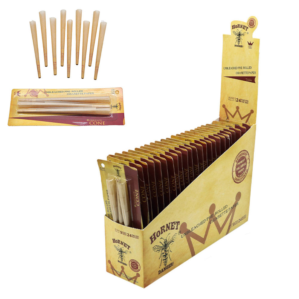 HORNET King Size Pre Rolled Cones, Natural Rolling Cones, Slow Burning Pre Rolled Rolling Paper, 9 PCS / Pack 24 Packs / Box