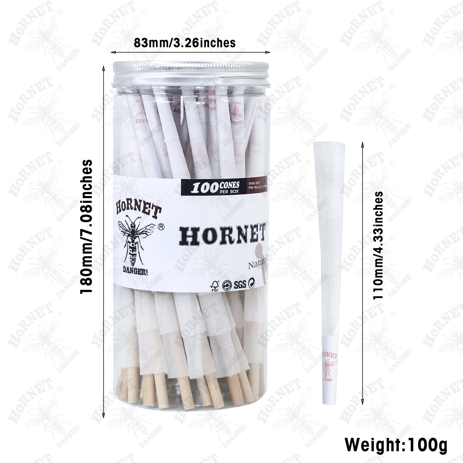 HORNET King Size White Pre Rolled Cones, Organic Rolling Cones With Tips, Slow Burning Pre Rolled Rolling Paper, 100 Pack