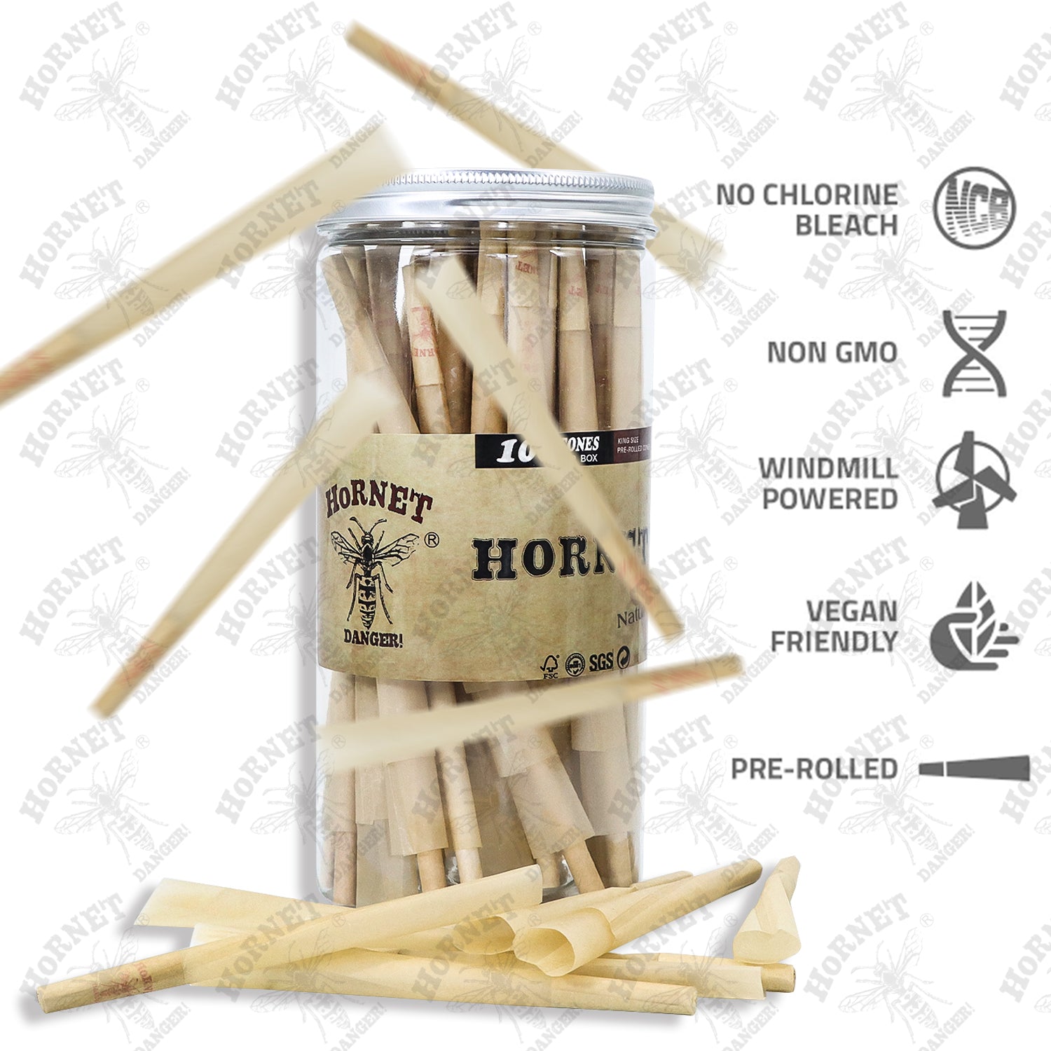 HORNET King Size Brown Pre Rolled Cones, Organic Rolling Cones With Tips, Slow Burning Pre Rolled Rolling Paper, 100 Pack