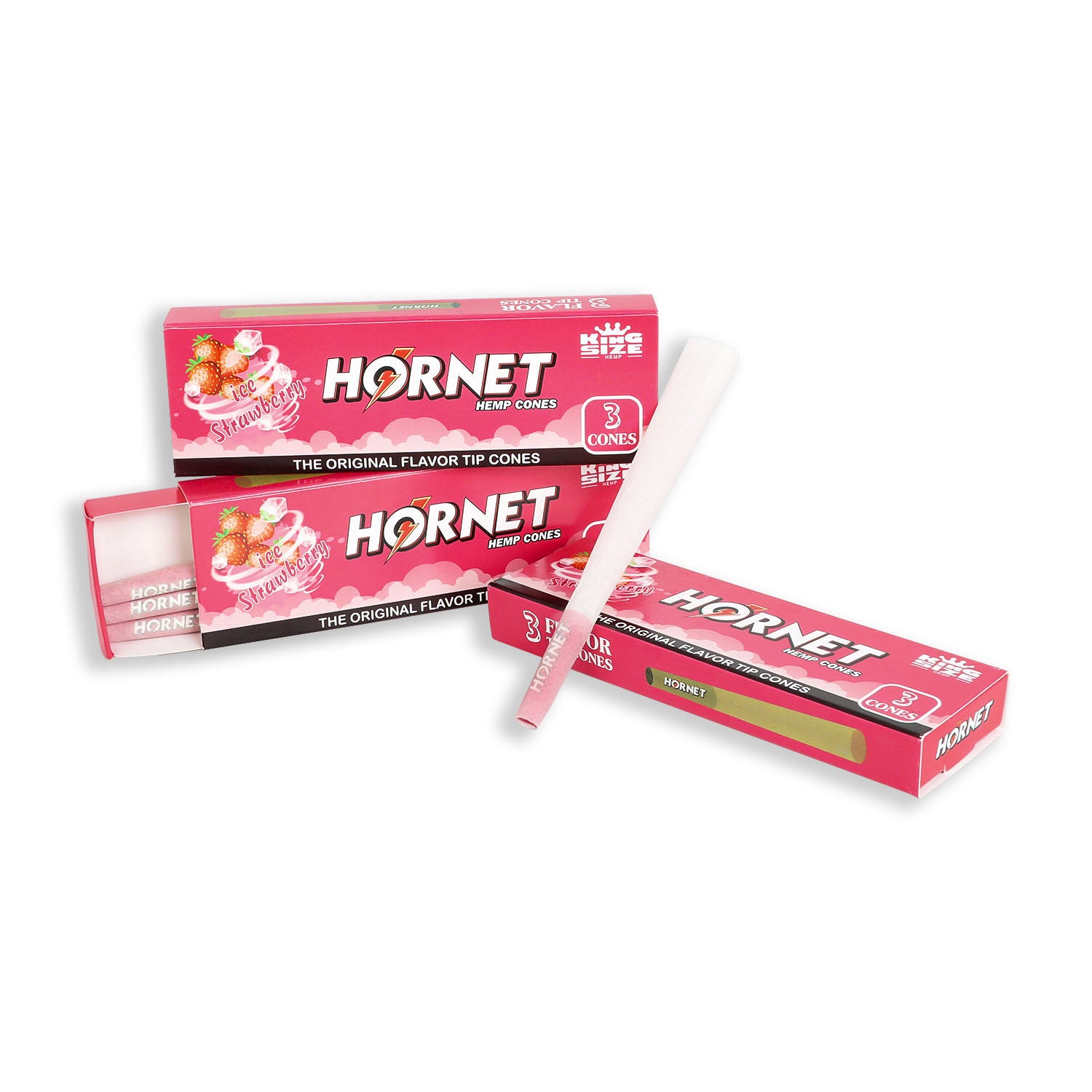 HORNET Strawberry Flavors Pre Rolled Cones With Tips, King Size Pre Rolled Rolling Paper & Flavored Pop, 3 PCS / Pack 12 Pack / Box