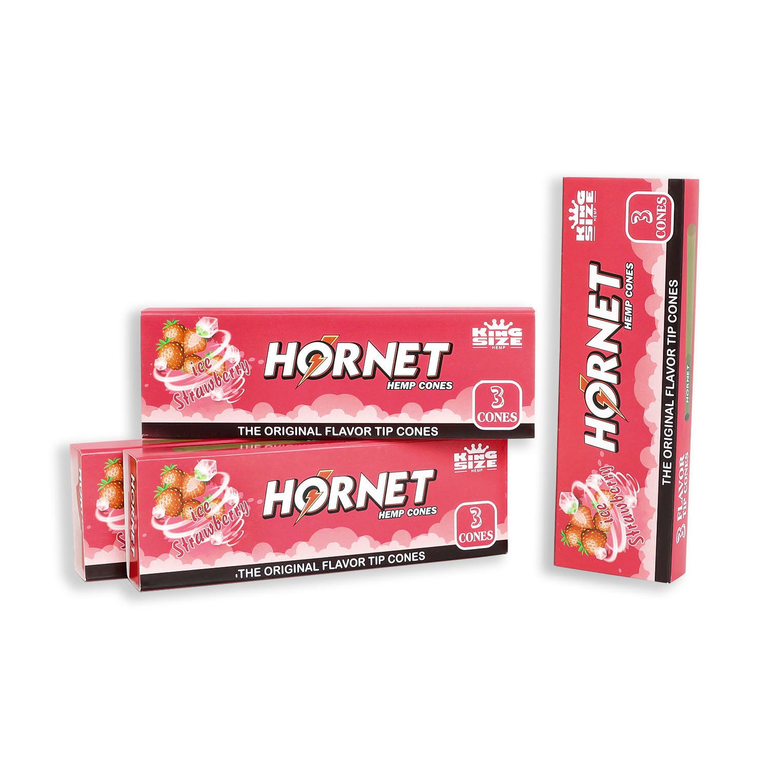 HORNET Strawberry Flavors Pre Rolled Cones With Tips, King Size Pre Rolled Rolling Paper & Flavored Pop, 3 PCS / Pack 12 Pack / Box
