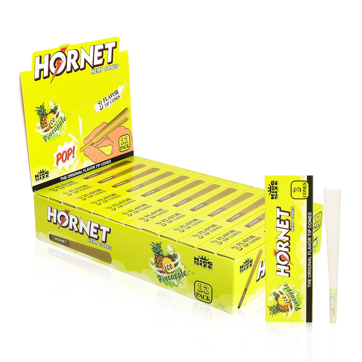 HORNET Ice Pineapple Flavors Pre Rolled Cones With Tips, King Size Pre Rolled Rolling Paper & Flavored Pop, 3 PCS / Pack 12 Pack / Box