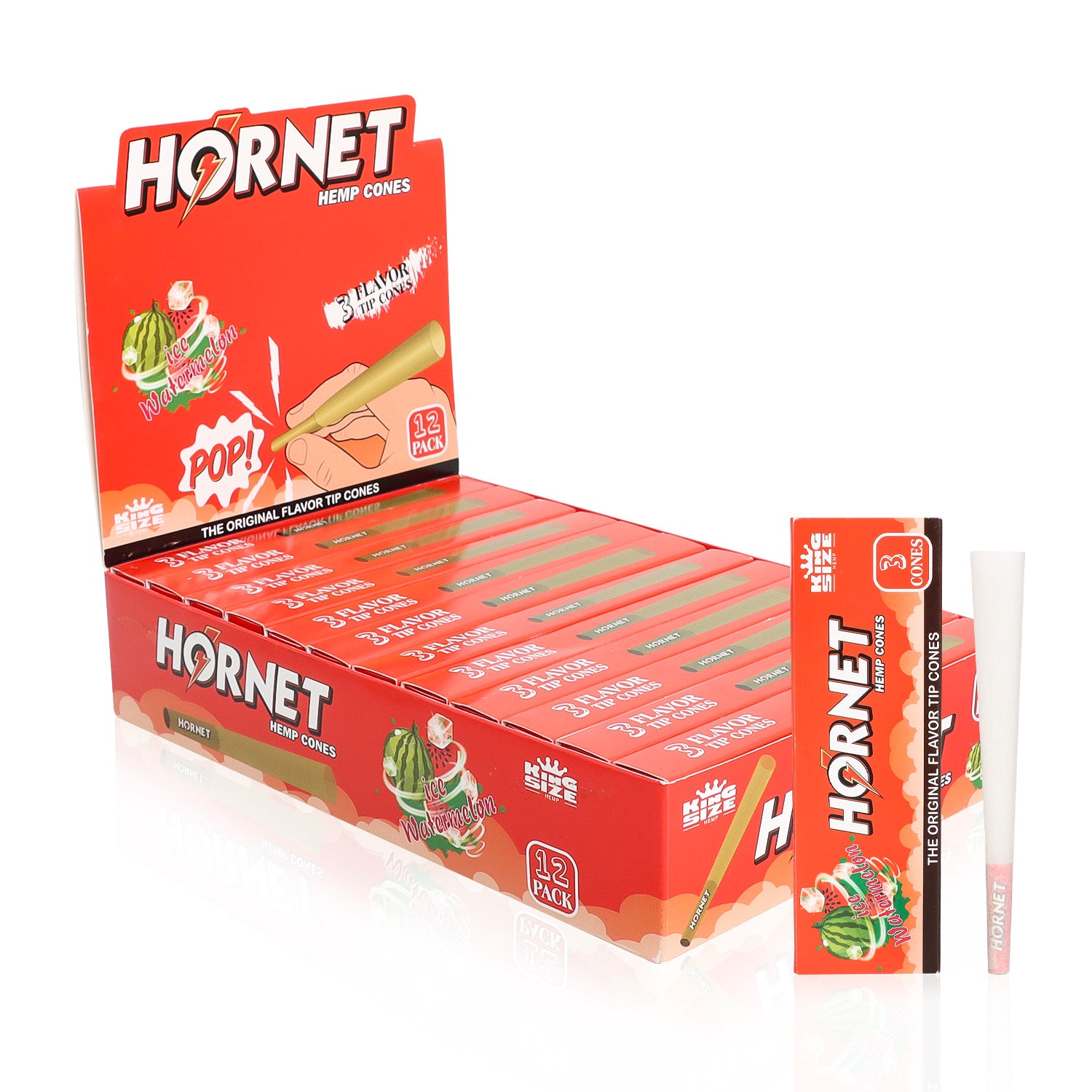 HORNET Ice Watermelon Flavors Pre Rolled Cones With Tips, King Size Pre Rolled Rolling Paper & Flavored Pop, 3 PCS / Pack 12 Pack / Box