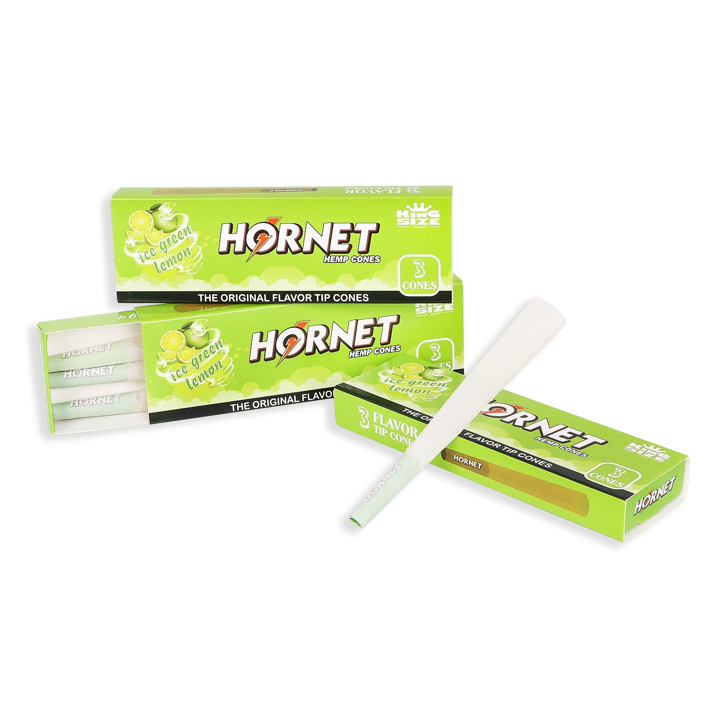 HORNET Ice Green Lemon Flavors Pre Rolled Cones With Tips, King Size Pre Rolled Rolling Paper & Flavored Pop, 3 PCS / Pack 12 Pack / Box