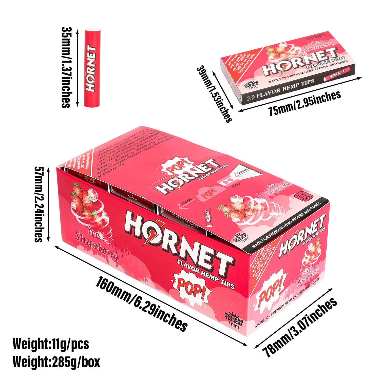 HORNET Strawberry Flavors Filter Tips with Flavored Pop, 7 mm Filter Tips, 10 Tips / Pack 24 Packs / Box