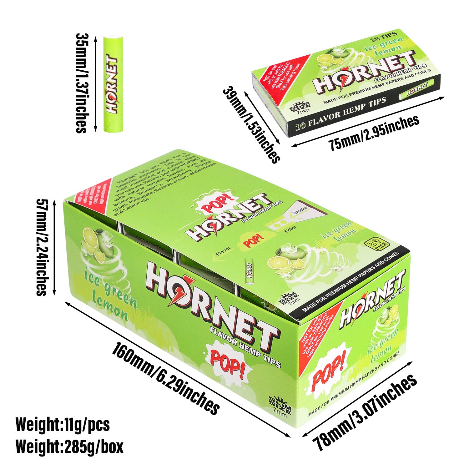 HORNET Green Lemon Flavor Filter Tips with Flavored Pop, 7 mm Filter Tips, 10 Tips / Pack 24 Packs / Box
