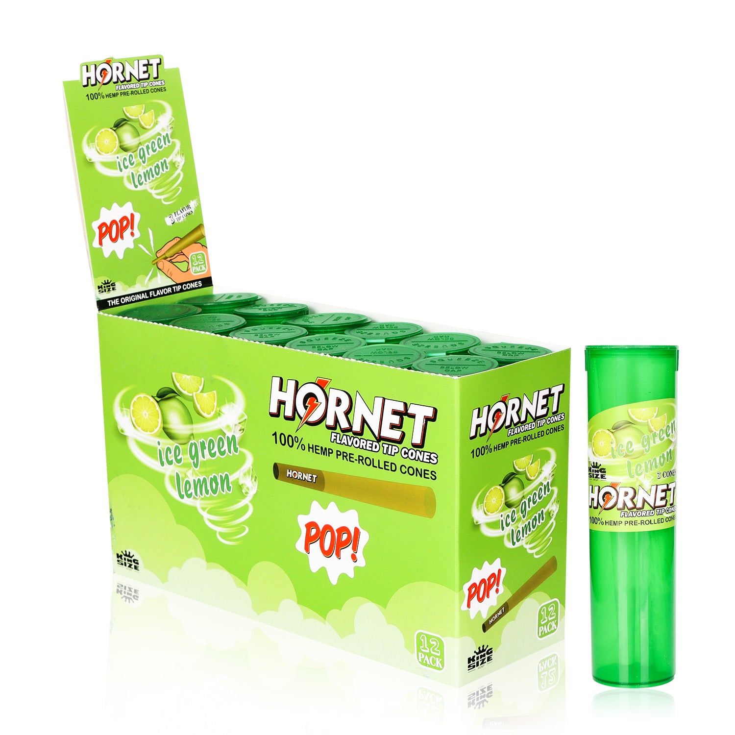 HORNET Ice Green Lemon Flavors Pre Rolled Cones, King Size Pre Rolled Rolling Paper With Tips, Slow Burning Rolling Cones & Flavored Pop, 3 PCS / Tube, 12 Tubes / Box