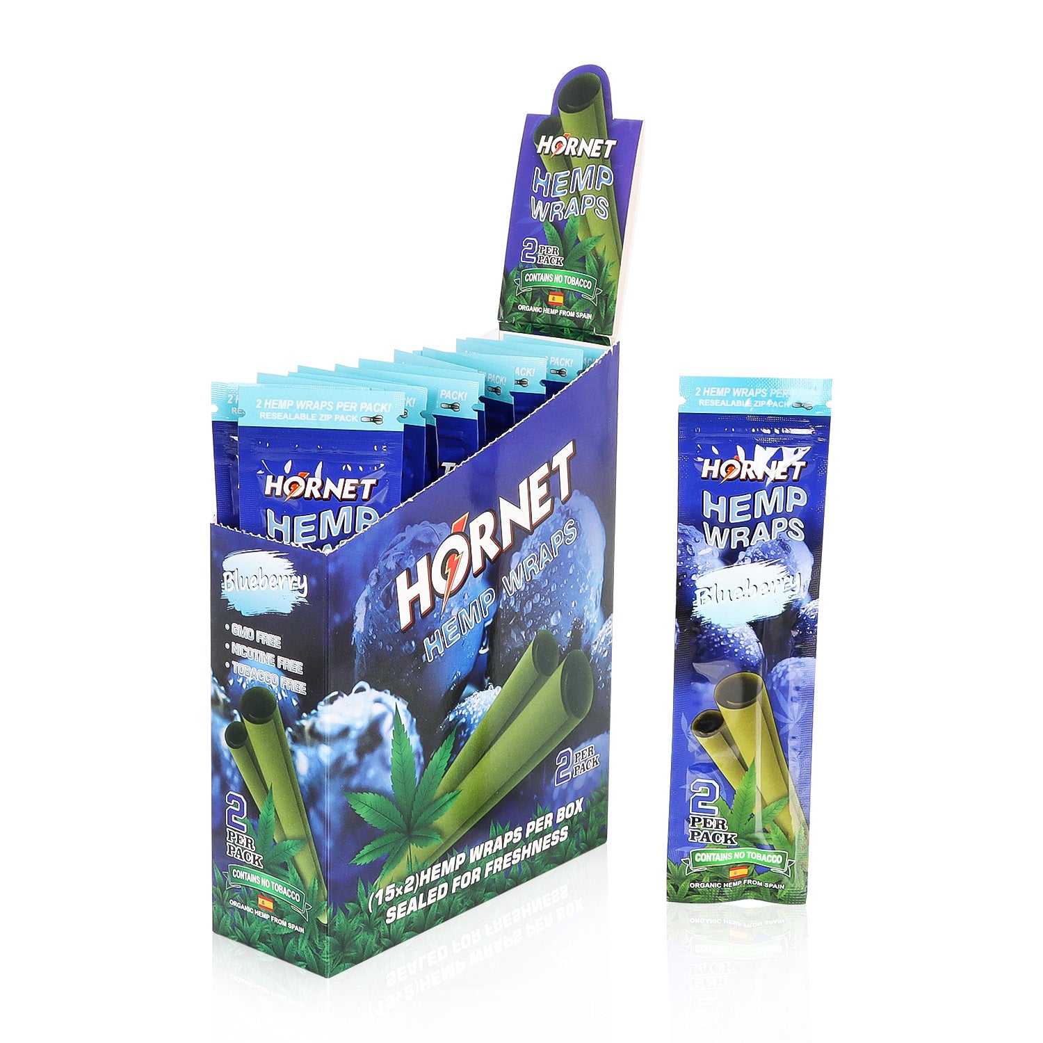 Hornet Blueberry Flavoured Hemp Blunt Wraps 30 Hemp Wraps Per Box