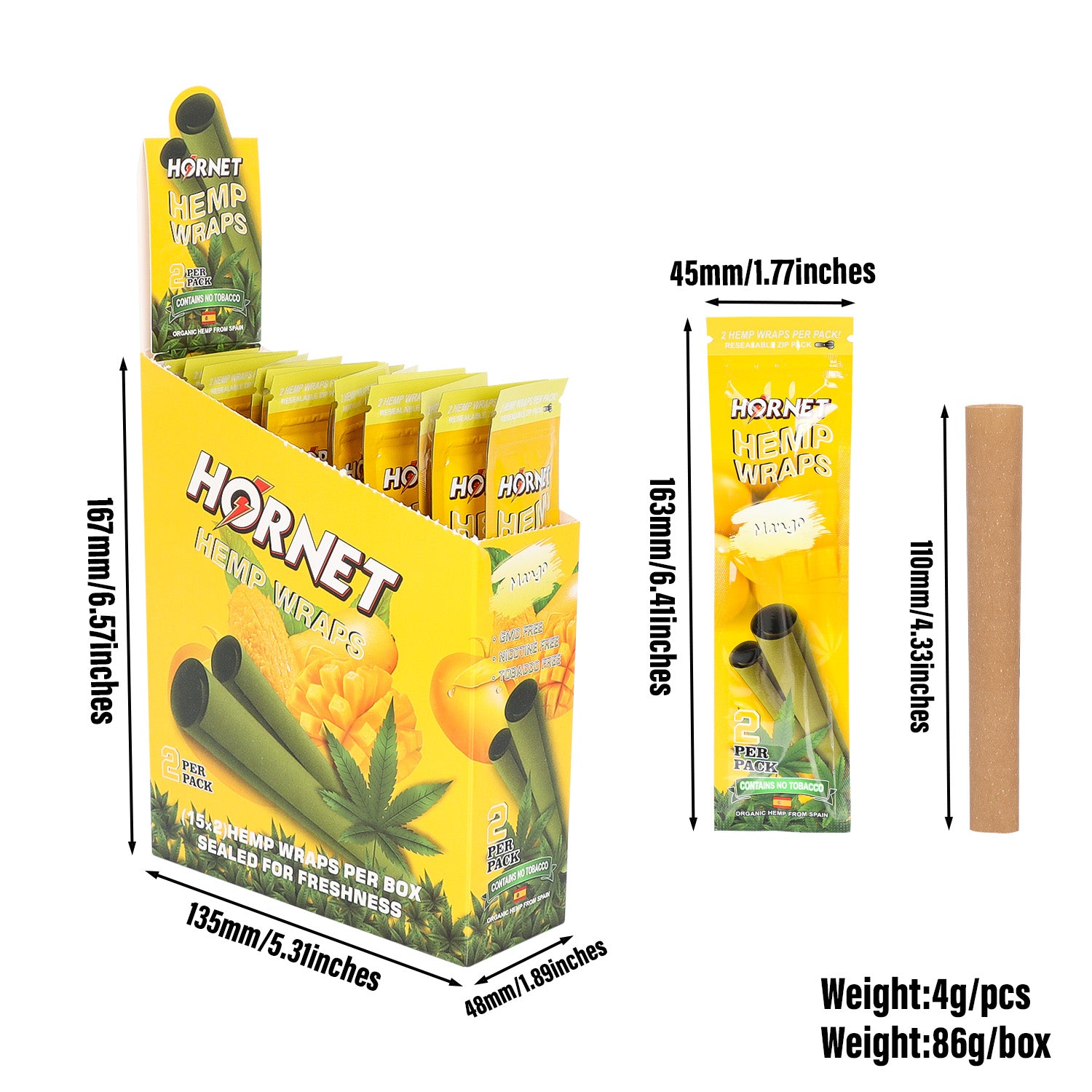 Hornet Mango Flavoured Hemp Blunt Wraps 30 Hemp Wraps Per Box