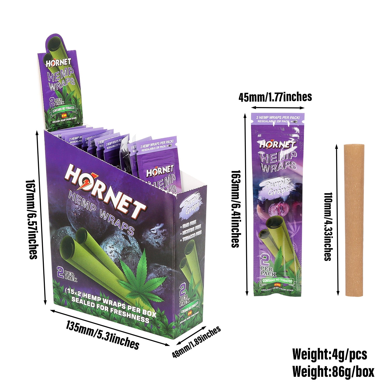 Hornet Grape Flavoured Hemp Blunt Wraps 30 Hemp Wraps Per Box