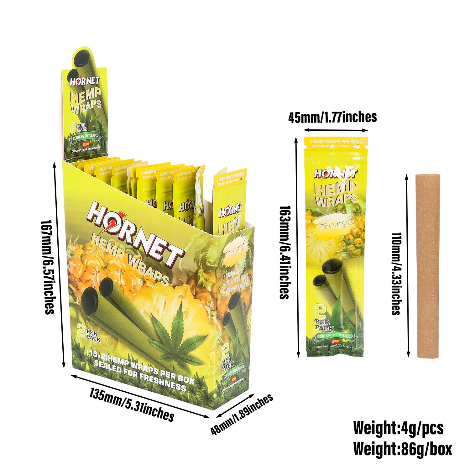 Hornet Pineapple Flavoured Hemp Blunt Wraps 30 Hemp Wraps Per Box