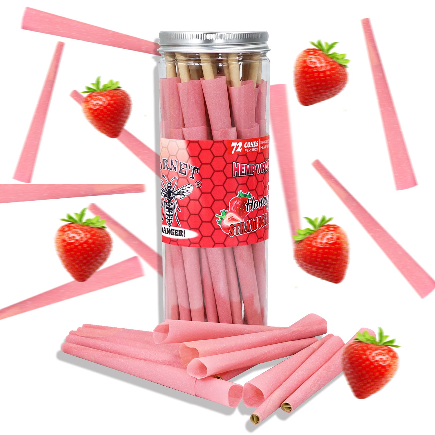 HORNET Strawberry Flavored Pink Pre Rolled Cones, King Size Pre Rolled Rolling Paper with tips, Slow Burning Rolling Cones & load, 72 PCS / Jar