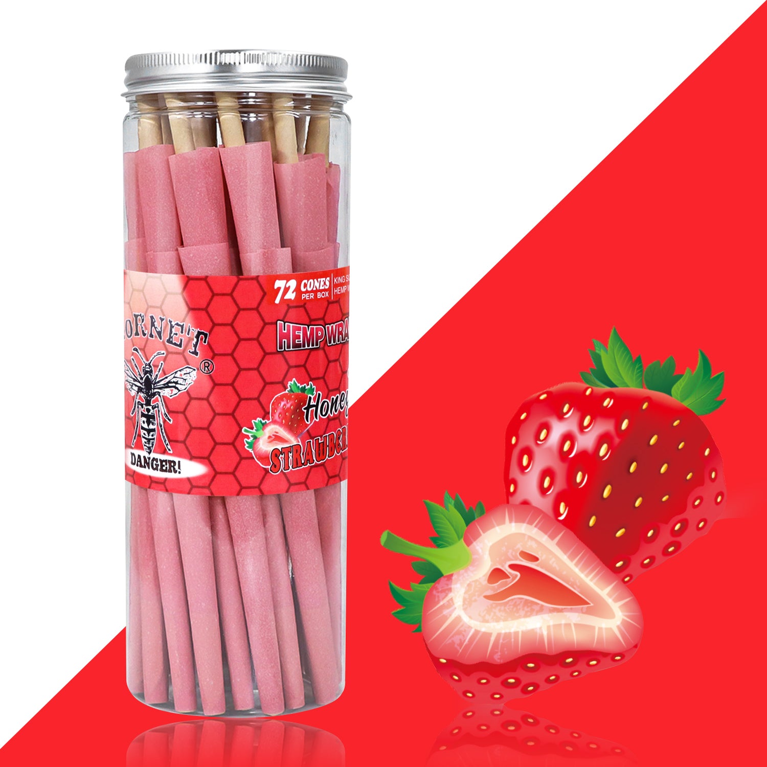 HORNET Strawberry Flavored Pink Pre Rolled Cones, King Size Pre Rolled Rolling Paper with tips, Slow Burning Rolling Cones & load, 72 PCS / Jar