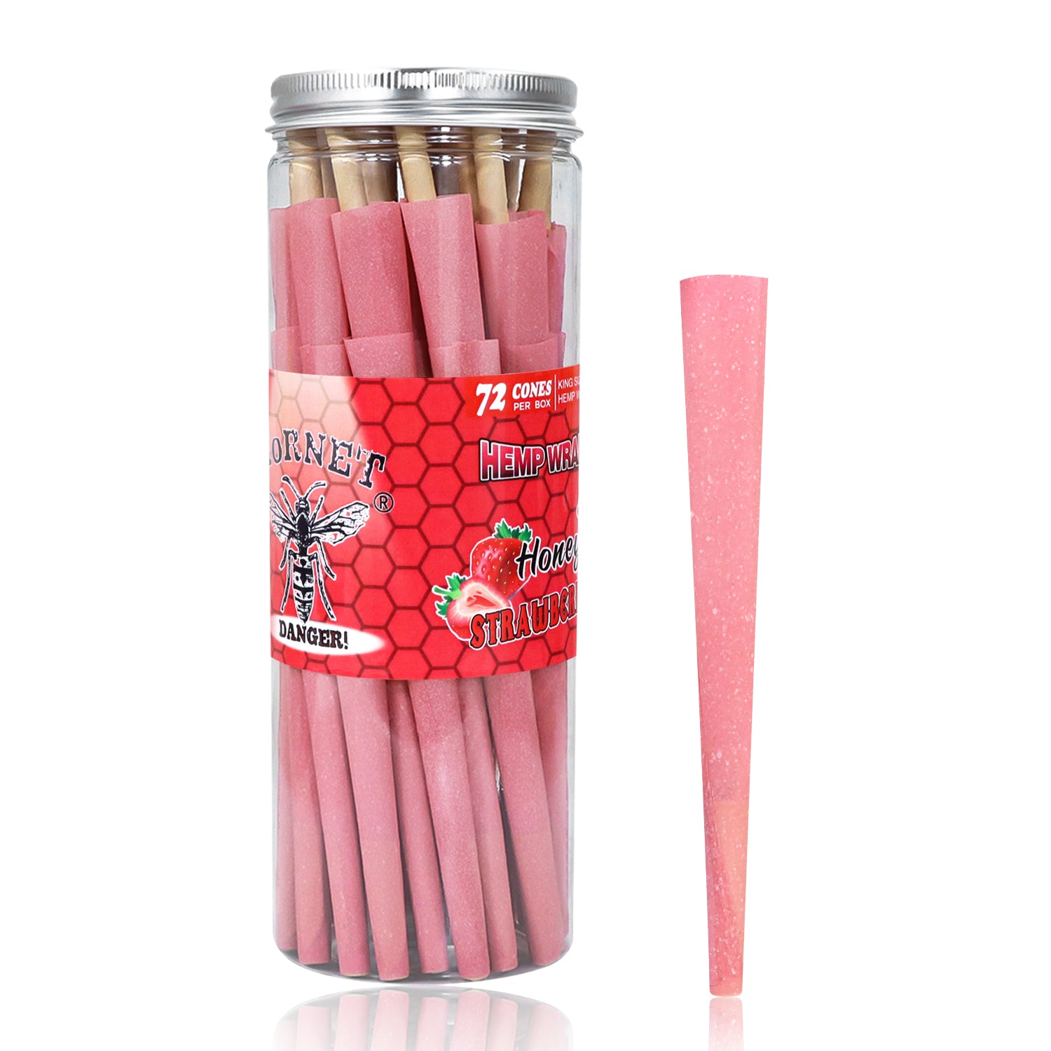 HORNET Strawberry Flavored Pink Pre Rolled Cones, King Size Pre Rolled Rolling Paper with tips, Slow Burning Rolling Cones & load, 72 PCS / Jar