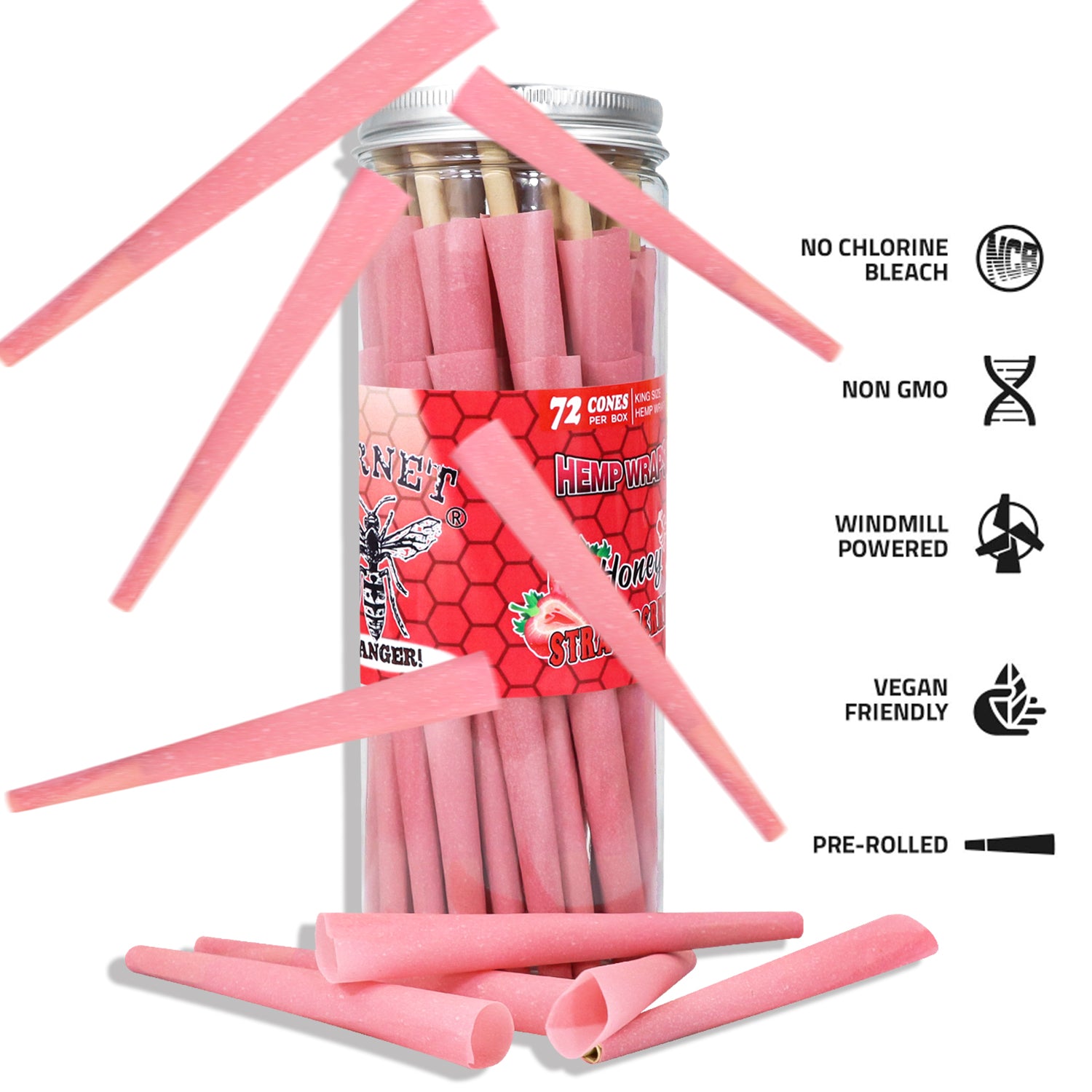 HORNET Strawberry Flavored Pink Pre Rolled Cones, King Size Pre Rolled Rolling Paper with tips, Slow Burning Rolling Cones & load, 72 PCS / Jar