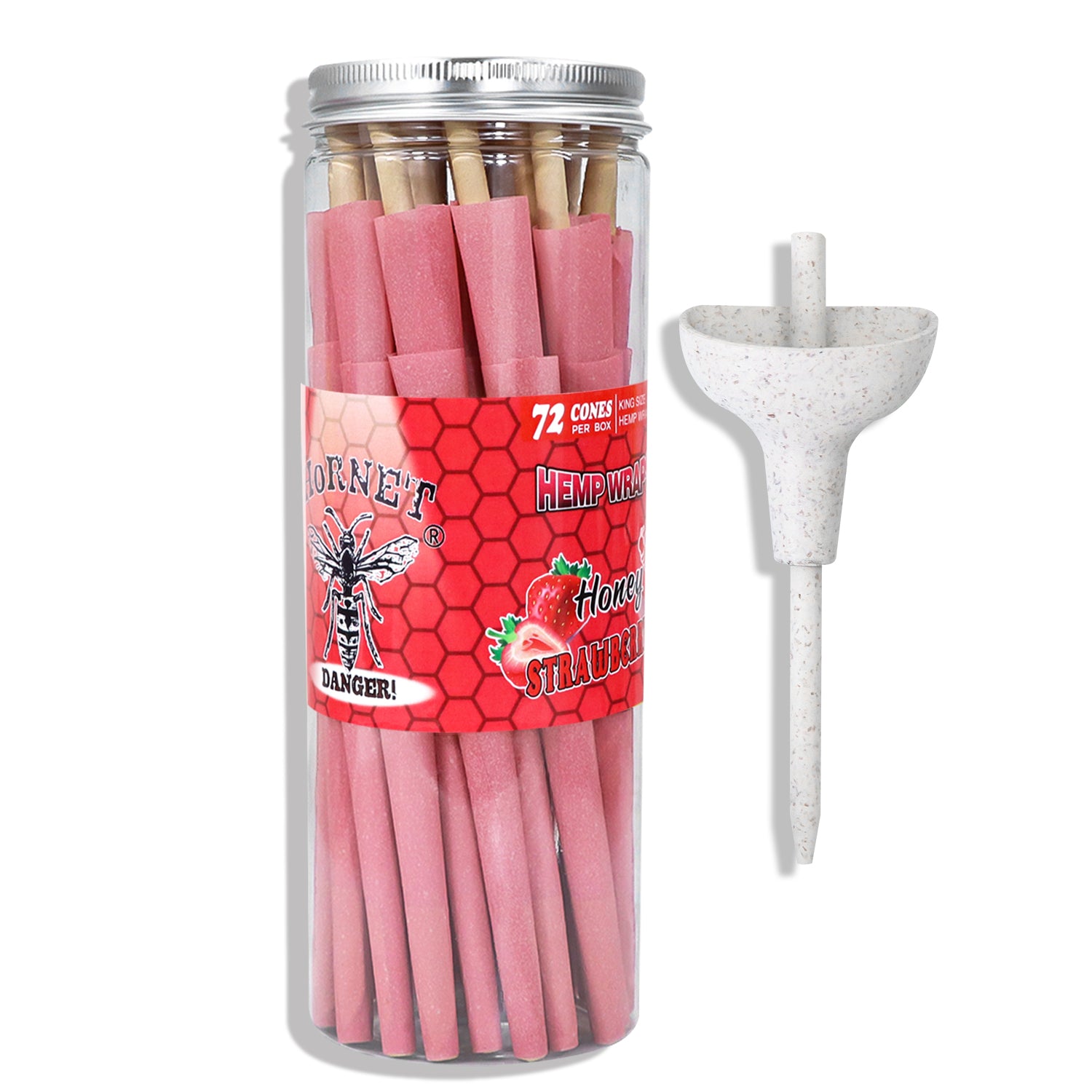 HORNET Strawberry Flavored Pink Pre Rolled Cones, King Size Pre Rolled Rolling Paper with tips, Slow Burning Rolling Cones & load, 72 PCS / Jar