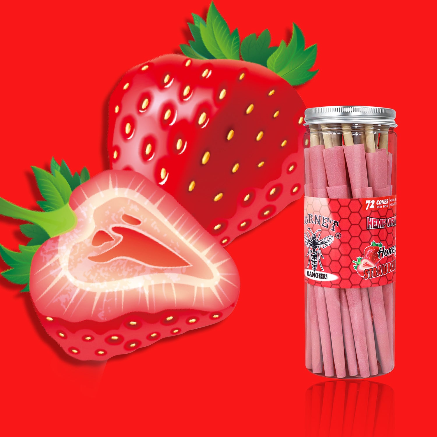 HORNET Strawberry Flavored Pink Pre Rolled Cones, King Size Pre Rolled Rolling Paper with tips, Slow Burning Rolling Cones & load, 72 PCS / Jar