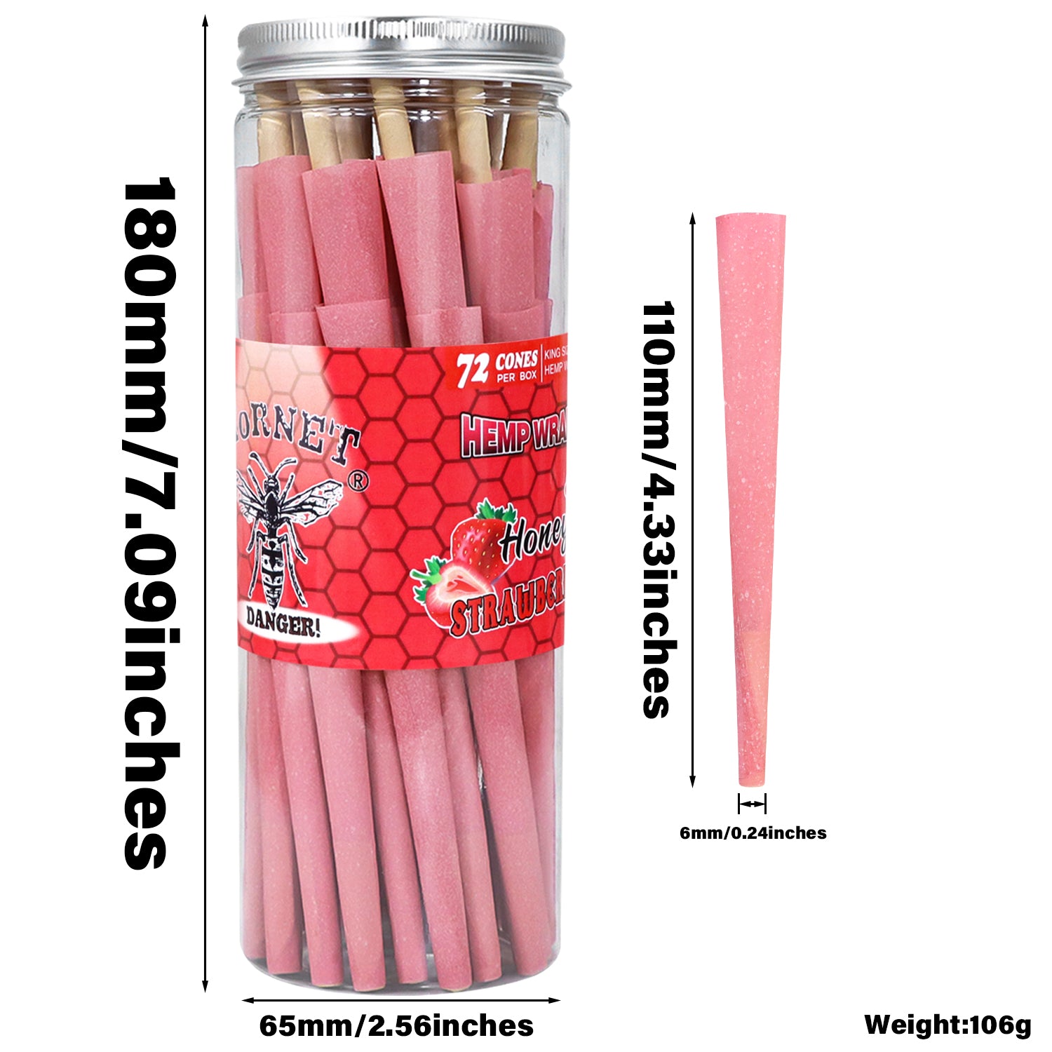 HORNET Strawberry Flavored Pink Pre Rolled Cones, King Size Pre Rolled Rolling Paper with tips, Slow Burning Rolling Cones & load, 72 PCS / Jar