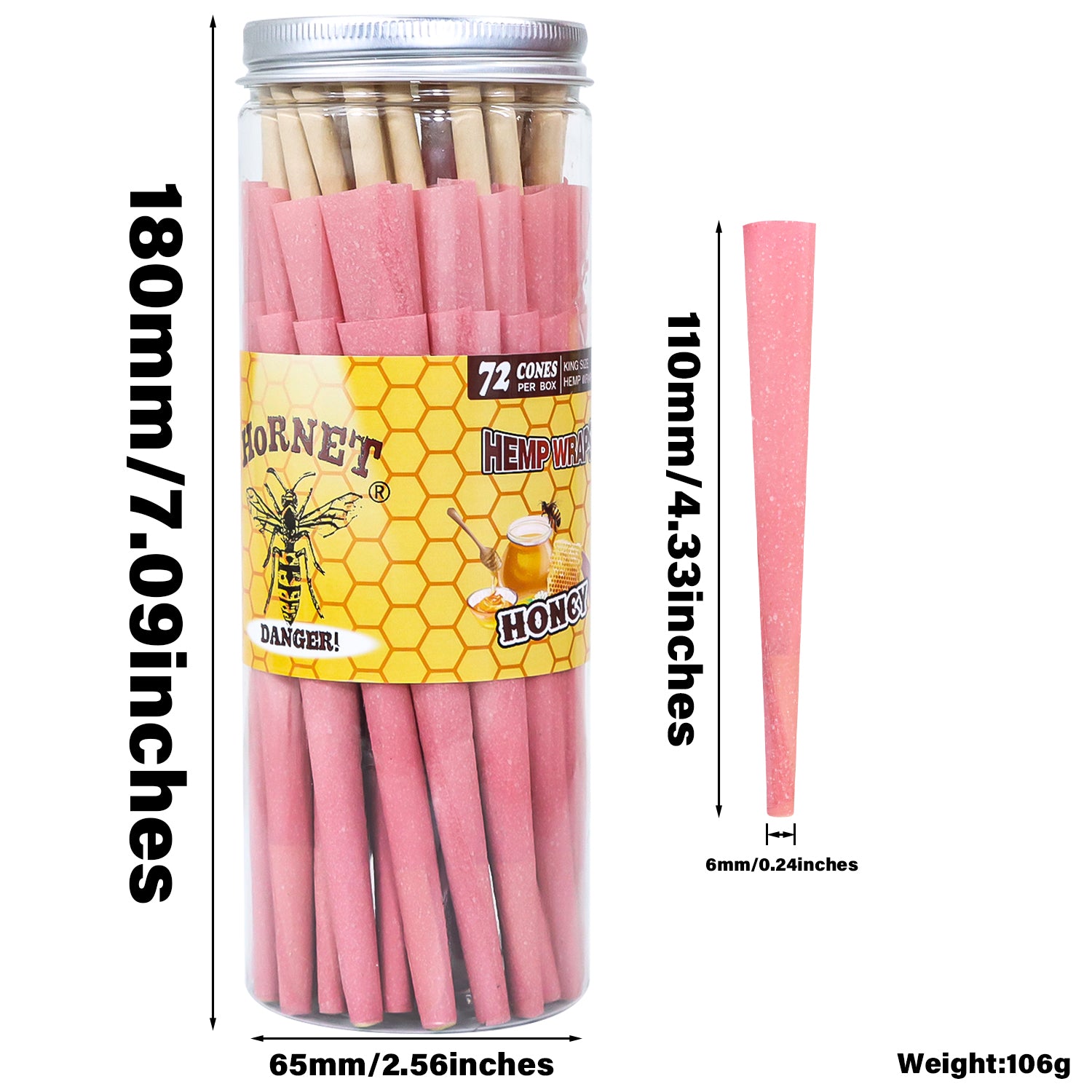 HORNET Honey Flavored Pink Pre Rolled Cones, King Size Pre Rolled Rolling Paper with tips, Slow Burning Rolling Cones & load, 72 PCS / Jar