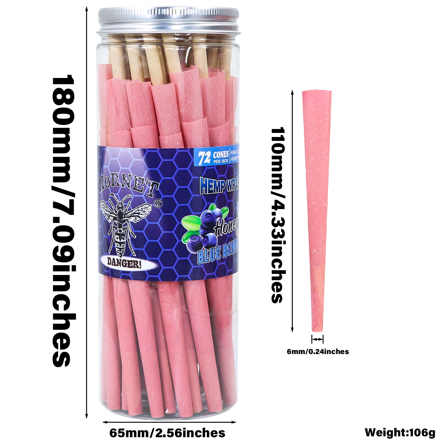 HORNET Blueberry Flavored Pink Pre Rolled Cones, King Size Pre Rolled Rolling Paper with tips, Slow Burning Rolling Cones & load, 72 PCS / Jar