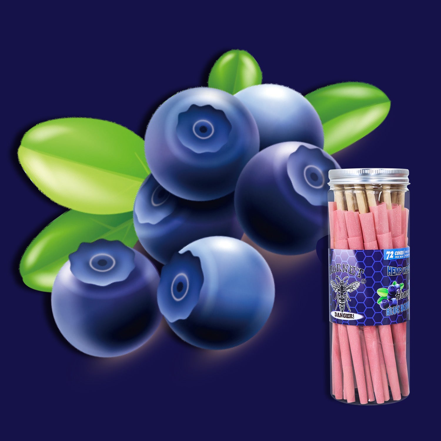 HORNET Blueberry Flavored Pink Pre Rolled Cones, King Size Pre Rolled Rolling Paper with tips, Slow Burning Rolling Cones & load, 72 PCS / Jar