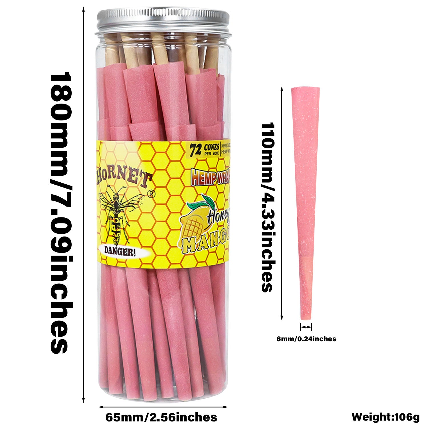 HORNET MANGO Flavored Pink Pre Rolled Cones, King Size Pre Rolled Rolling Paper with tips, Slow Burning Rolling Cones & load, 72 PCS / Jar