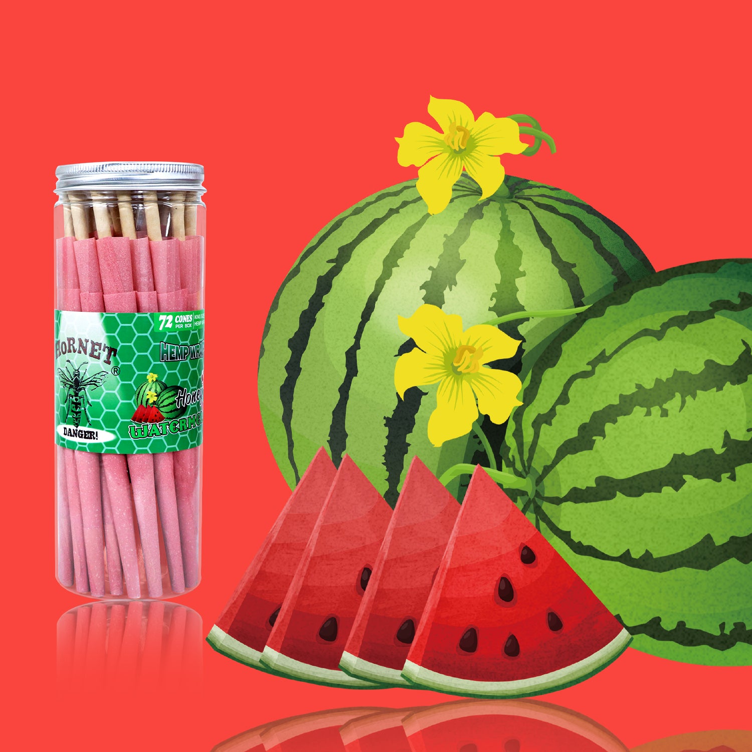 HORNET Watermelon Flavored Pink Pre Rolled Cones, King Size Pre Rolled Rolling Paper with tips, Slow Burning Rolling Cones & load, 72 PCS / Jar