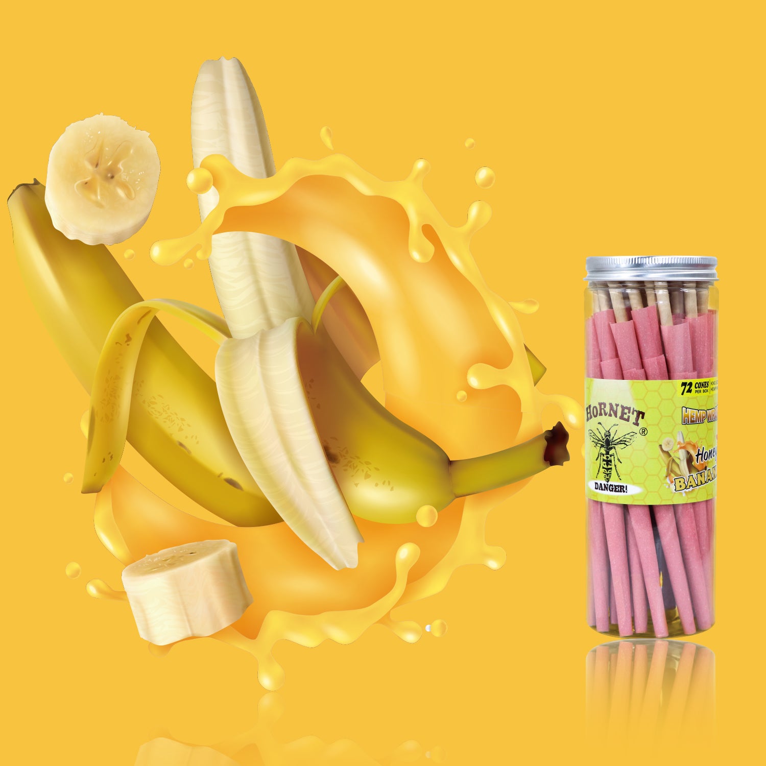 HORNET Banana Flavored Pink Pre Rolled Cones, King Size Pre Rolled Rolling Paper with tips, Slow Burning Rolling Cones & load, 72 PCS / Jar