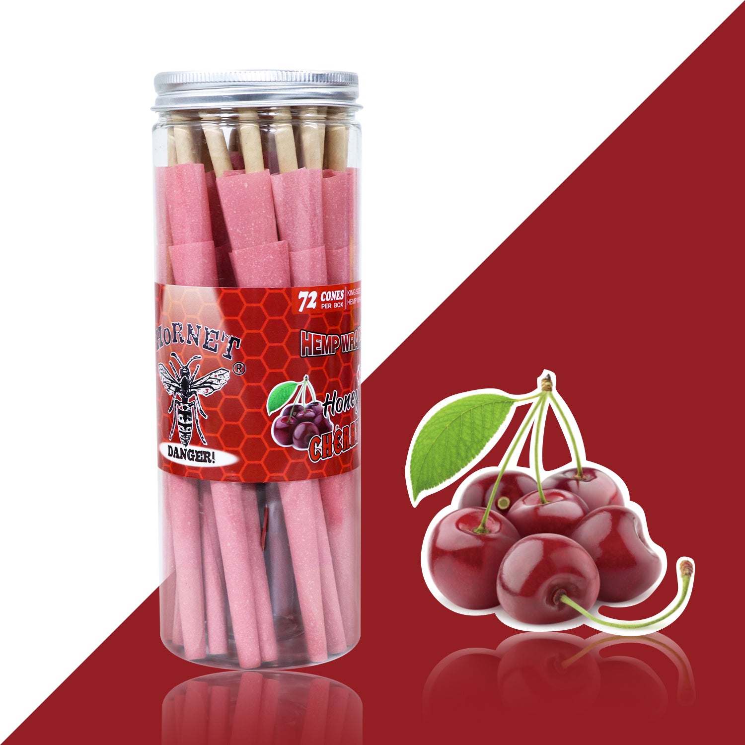 HORNET Cherry Flavored Pink Pre Rolled Cones, King Size Pre Rolled Rolling Paper with tips, Slow Burning Rolling Cones & load, 72 PCS / Jar