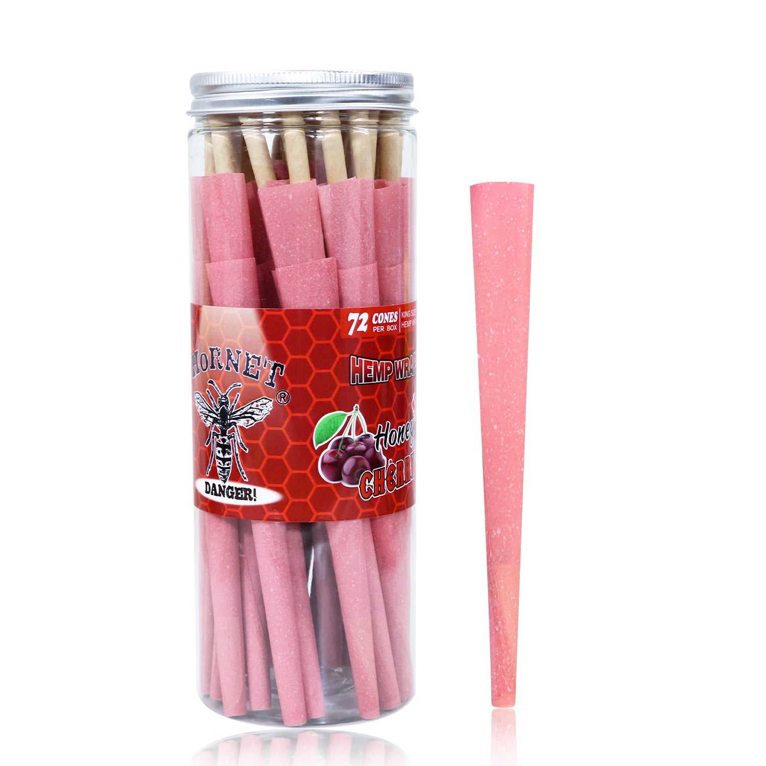 HORNET Cherry Flavored Pink Pre Rolled Cones, King Size Pre Rolled Rolling Paper with tips, Slow Burning Rolling Cones & load, 72 PCS / Jar
