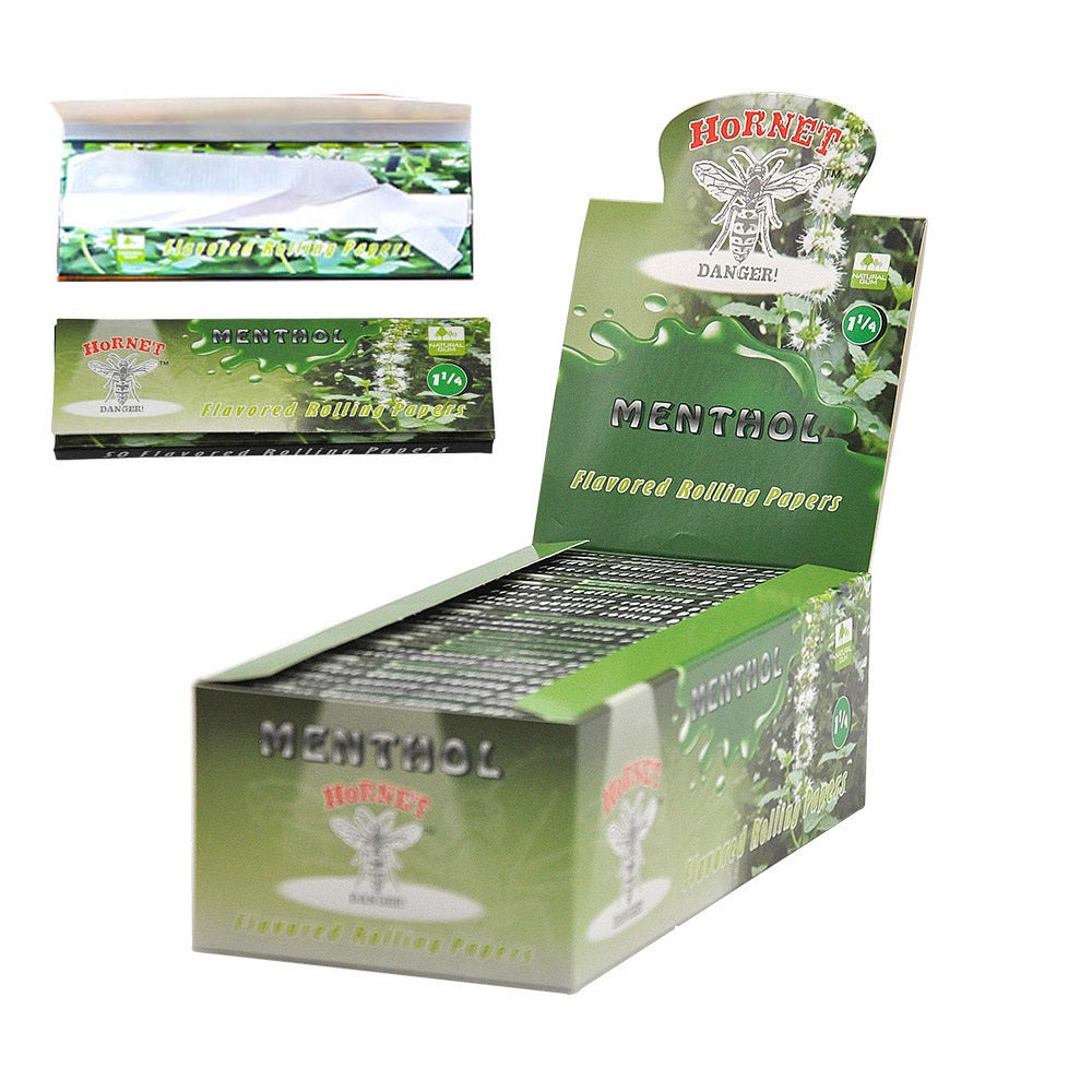 Hornet 1 1/4 Size Menthol Flavors Rolling Papers, Slow Burning Rolling Paper, Natural Rolling Paper, 50 Piece / Pack 50 Pack / Box