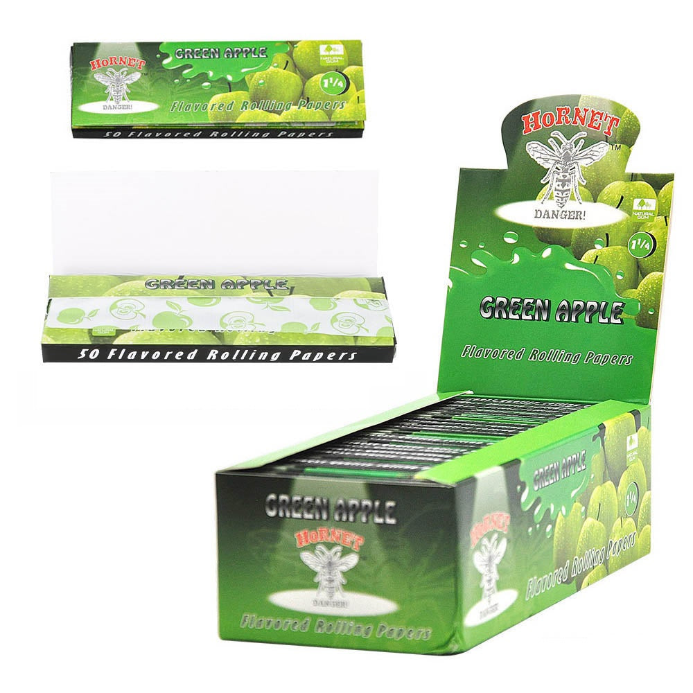 Hornet 1 1/4 size Green Apple Flavors Rolling Papers, Slow Burning Rolling Paper, Natural Rolling Paper, 50 Piece / Pack 50 Pack / Box