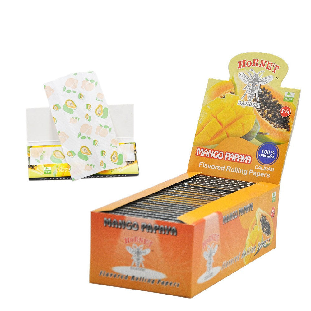 Hornet 1 1/4 Size Mango Papaya Flavors Rolling Papers, Slow Burning Rolling Paper, Natural Rolling Paper, 50 Piece / Pack 50 Pack / Box