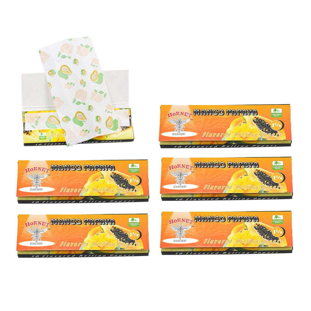 Hornet 1 1/4 Size Mango Papaya Flavors Rolling Papers, Slow Burning Rolling Paper, Natural Rolling Paper, 50 Piece / Pack 50 Pack / Box