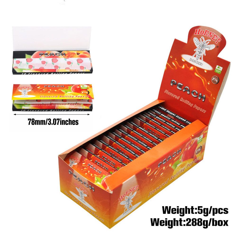 HORNET 1 1/4 Peach Flavors Rolling Papers, Slow Burning Rolling Paper, Natural Rolling Paper, 50 Piece / Pack 50 Pack / Box