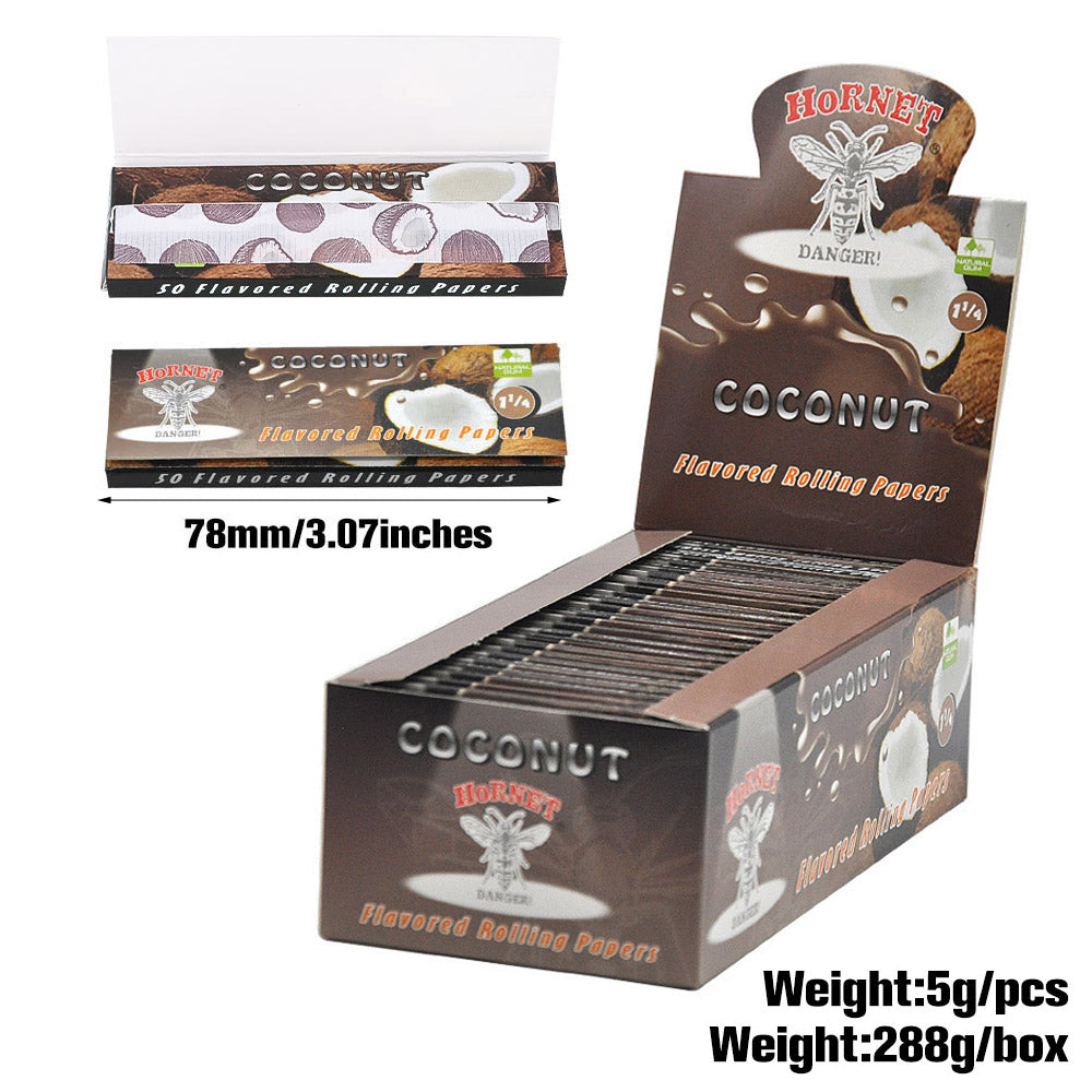 HORNET 1 1/4 Size Coconut Flavors Rolling Papers, Slow Burning Rolling Paper, Natural Rolling Paper, 50 Piece / Pack 50 Pack / Box